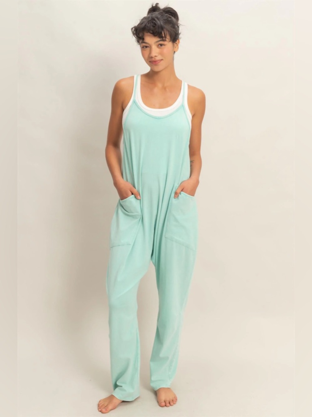 NEW Double Zero Turquoise Green Mineral Wash Spaghetti Strap Jumpsuit Size Large